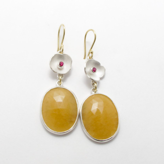 A Pair of Handmade Sterlng Silver, 18ct Yellow Gold, Yellow Sapphire and Ruby DROP EARRINGS.