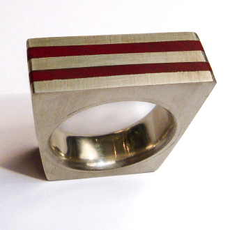 A Handmade Sterling Silver Triple-Row RING with Red Ivory Stripes.