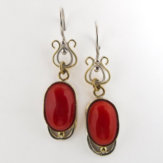 A Pair of Handmade Sterling Silver, 18ct Yellow Gold and Natural Coral DROP EARRINGS. Gold mass 2.3 gms.