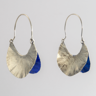 A Pair of Hand Forged Sterling Silver Blue Enamel "LEAF" HOOP EARRINGS.