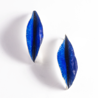 A Pair of Hand Forged Sterling Silver Blue Enamel "LEAF" HOOP EARRINGS.