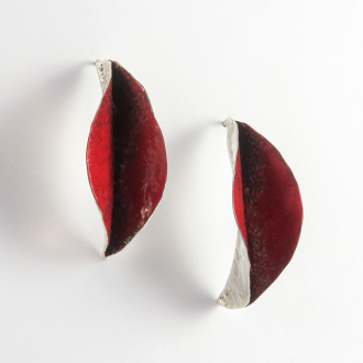 A Pair of Hand Forged Sterling Silver Red Enamel "LEAF" HOOP EARRINGS.