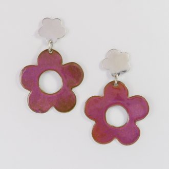 A Pair of Handmade Sterling Silver and Purple Enamel DAISY EARRINGS.