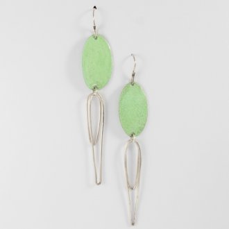 A Pair of Handmade Sterling Silver and Transparent Green Enamel Oval DROP EARRINGS.