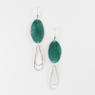 A Pair of Handmade Sterling Silver and Opaque Green Enamel Oval DROP EARRINGS.
