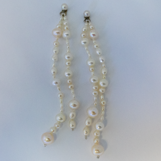 A Pair of Sterling Silver Assorted Freshwater Pearl DROP EARRINGS.