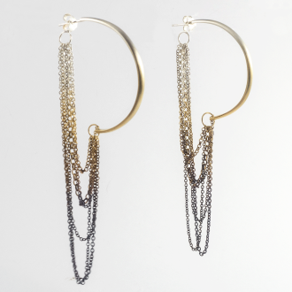 A Pair of Handmade Sterling Silver, Gold and Black Rhodium plated HOOP EARRINGS with Chain detail.