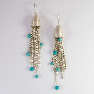A Pair of Handmade Sterling Silver and Turquoise TASSEL EARRINGS.