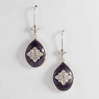 A Pair of Handmade Sterling Silver, Purple Enamel and Rose-cut Diamond DROP EARRINGS.
