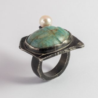 A Handmade Sterling Silver SCARAB RING. Ancient Carved Amazonite Scarab, Diamond and Cutlured Pearl.