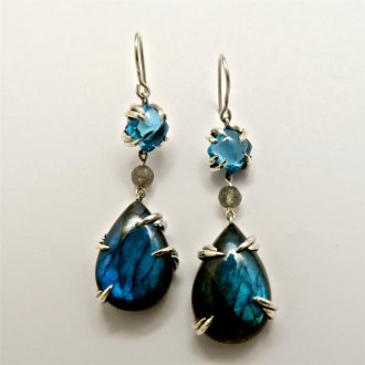 A Pair of Handmade Sterling Silver "Ukhozi" Earrings with Swiss Blue Topaz and Labradorite.
