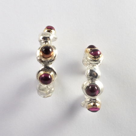 A Pair of Handmade Sterling Silver, 18ct Yellow Gold HOOP EARRINGS with Pink Tourmaline. Gold mass 0.99 gms.