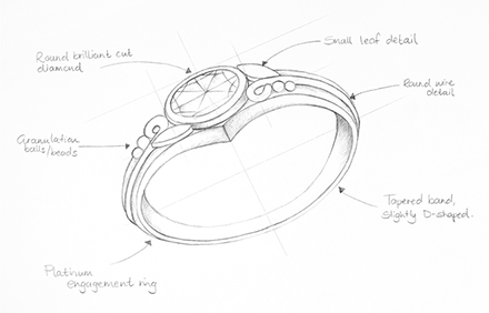 Drawing of granny's brooch upcycled to diamond ring