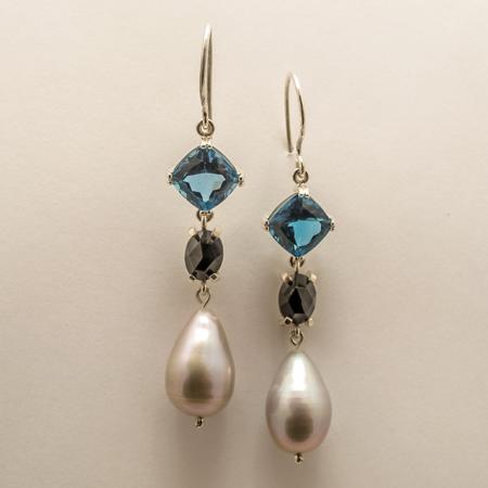 Sterling Silver, Grey Freshwater Pearl, London Topaz and Black Spinel DROP EARRINGS