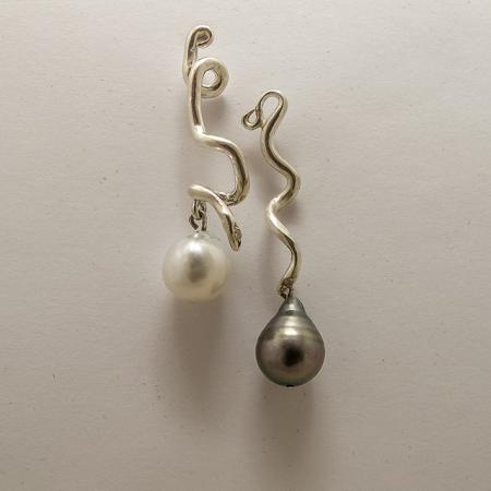 Sterling Silver "Garden of Eden" DROP EARRINGS with South Sea and Tahitian Pearl and Diamonds