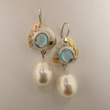 Handmade Sterling Silver, 18ct Yellow Gold, Copper Blue Topaz ans Freshwater Pearl DROP EARRINGS