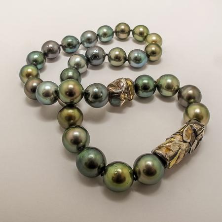 NECKLACE of Tahitian Pearls with Handmade Sterling Silver and 18ct Yellow Gold Element and Clasp