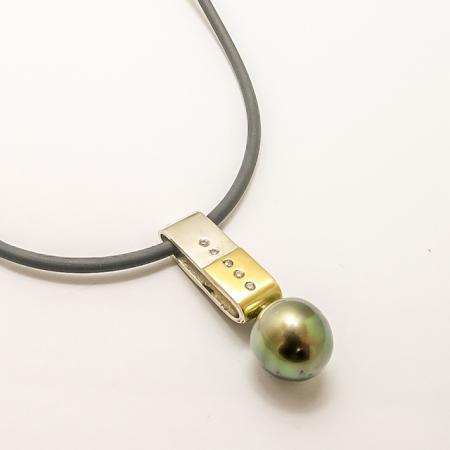 Sterling Silver, 18ct Yellow Gold, Diamond (.08ct.) and Tahitian Pearl PENDANT on Rubber Thong