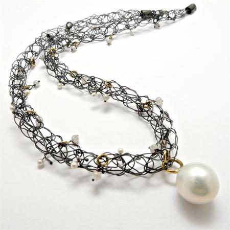 Rhodium Plated Fine Silver Knitted NECKLACE with Diamond Beads (4.31cts.) and Seed Pearls with 18ct Yellow Gold and South Sea PENDANT