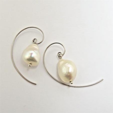 A Pair of Handmade Sterling Silver and White Freshwater Pearl LOOP EARRINGS.