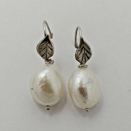 A Pair of Handmade Sterling Silver and White Freshwater Pearl DROP EARRINGS