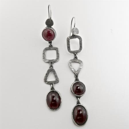 Pair of Handmade Oxidised Sterling Silver DROP EARRINGS with Garnets