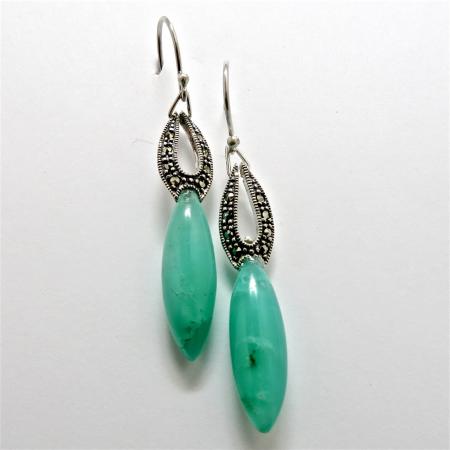 A Pair of Handmade Sterling Silver DROP EARRINGS with Chrysoprase and Found Vintage Element.