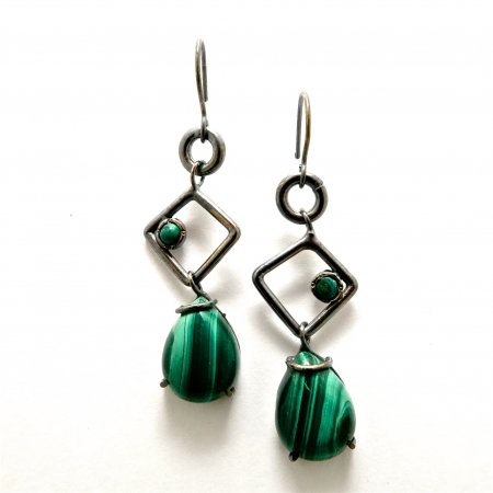 A Pair of Handmade Oxidised Sterling Silver Drop EARRINGS with Malachite.