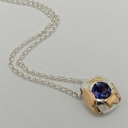 A Handmade Fine Silver and 18ct Rose Gold Tanzanite PENDANT on Chain. 