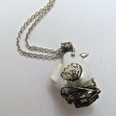 A Handmade Sterling Silver and Freshwater Pearl 'Hen on Nest' PENDANT on Silver Chain.