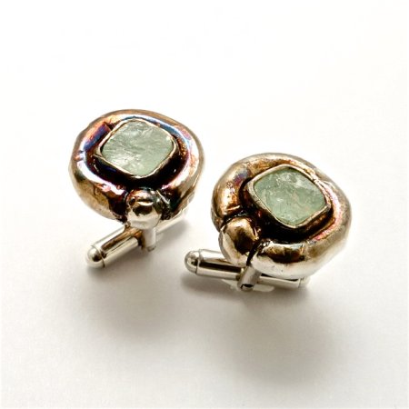 A Pair of Handmade Oxidised Sterling Silver and Fine Silver CUFFLINKS with Rough-cut Aquamarine.