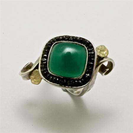 A Handmade Sterling Silver, 18ct Yellow Gold, Green Onyx and Diamond (1.5cts.) RING