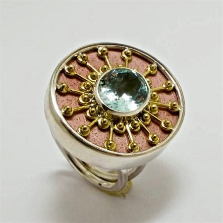 A Handmade Sterling Silver, Fine Silver, 18ct Yellow Gold and Enamel RING set with Oval Aquamarine