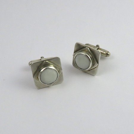 A Pair of Handmade Sterling Silver and White Agate CUFFLINKS.
