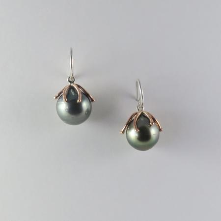 A Pair of Handmade Sterling Silver and Copper "Tendril" Tahitian Pearl DROP EARRINGS