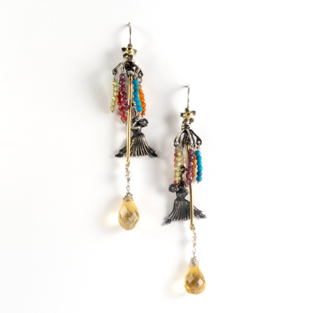A Pair of Sterling Silver, 18ct Yellow Gold, Found Dancing Ladies and Multigem "MAYPOLE DANCER" DROP EARRINGS .