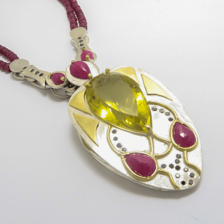 Handmade Sterling Silver, 18ct Yellow Gold, Lemom Quartz and Natural Ruby PENDANT on NECKLACE of Facetted Natural Rubies