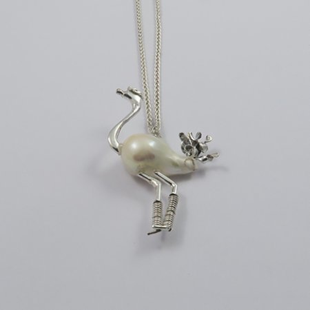 A Handmade Sterling Silver and Baroque Freshwater Pearl OSTRICH PENDANT on Silver Chain.