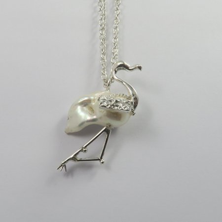 A Handmade Sterling Silver Baroque Freshwater Pearl FLAMINGO PENDANT on Silver Chain.