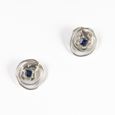 A Pair of Handmade Sterling Silver Blue Sapphire STUD EARRINGS.