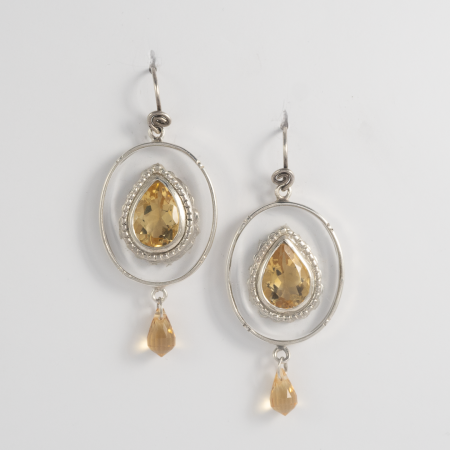 A Pair of Handmade Sterling Silver, Rock Crystal, Citrine  "PEAR" DROP EARRINGS.