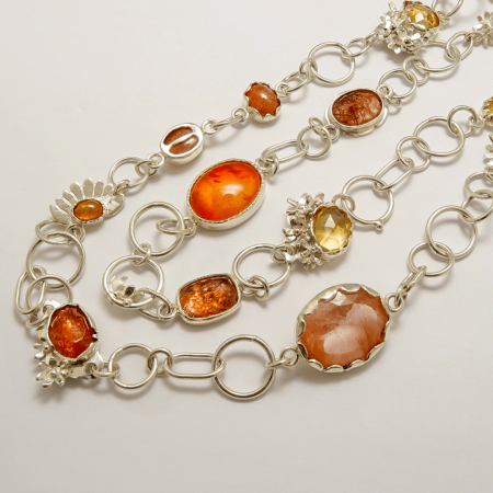  Handmade Sterling Silver 'Namaqualand' NECKLACE with Citrine, Carnelian, Pink Chalcedony, Rutilated Quartz and Sunstone. The Gemstone settings are reversible with decorative detail.
