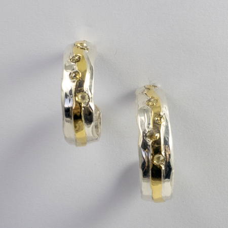 A Pair of Handmade Sterling Silver, 18ct Yellow Gold and Yellow Rose-cut Diamond HALF HOOP EARRINGS.