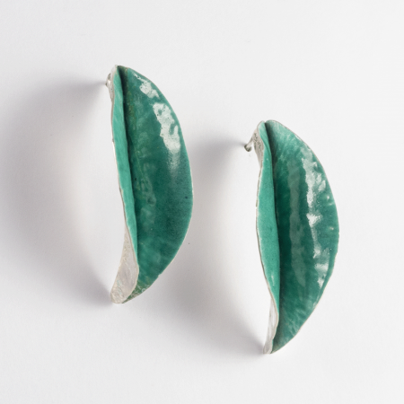 A Pair of Hand Forged, Sterling Silver Green Enamel Leaf HOOP EARRINGS.