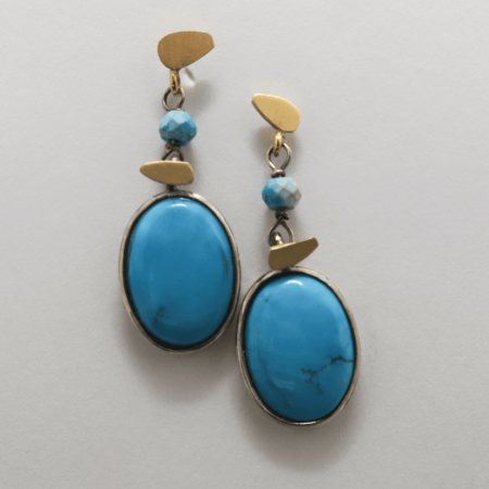 A Pair of Handmade Sterling Silver and 18ct Yellow Gold DROP EARRINGS with Arizona Turquoise.