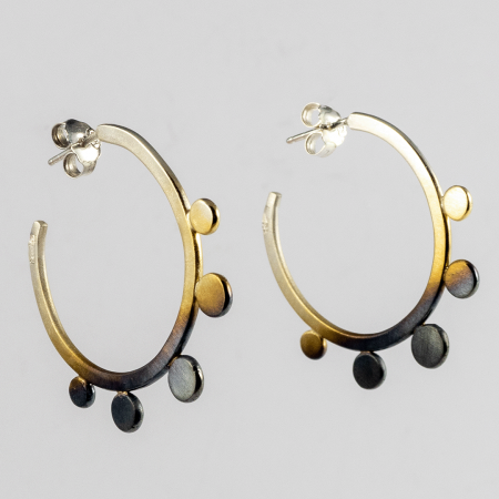 A Pair of Handmade Sterling Silver, Black & Gold Rhodium Plated HOOP EARRINGS with Flat Ball detail.