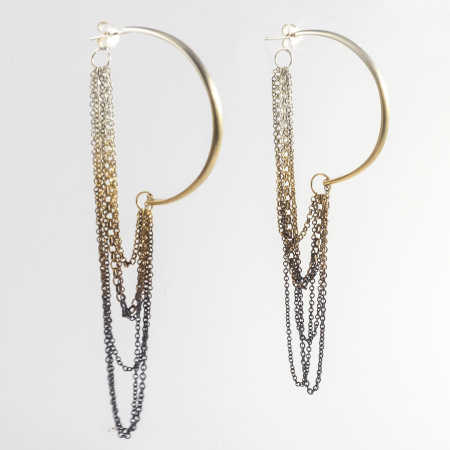 A Pair of Handmade Sterling Silver, Gold and Black Rhodium plated HOOP EARRINGS with Chain detail.