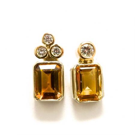 Pair of Handmade 9ct White Gold, Diamond and Citrine STUD EARRINGS