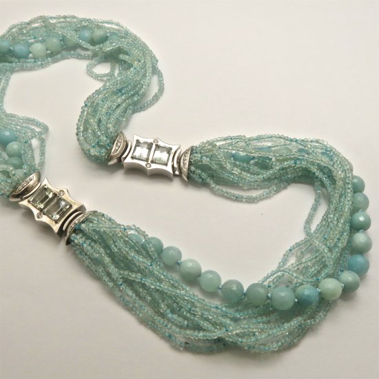 NECKLACE of Facetted Aquamarine with Handmade Sterling Silver, Aquamarine and Diamond Element and Clasp