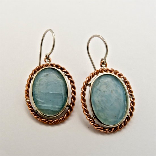 A Pair of Handmade Sterling Silver and Copper DROP EARRINGS with Aquamarine.